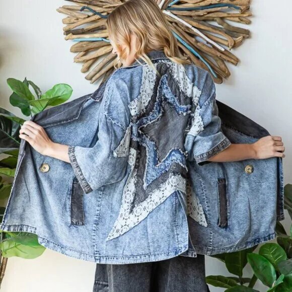 091 Oli & Hali Star Patch Tencel Short Sleeve Blazer Jacket NWOT Size Large - Picture 1 of 14